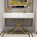 White Console Table with Drawer Entryway Table Contemporary for Hallway X Gold Base - myhomestore.com.pk
