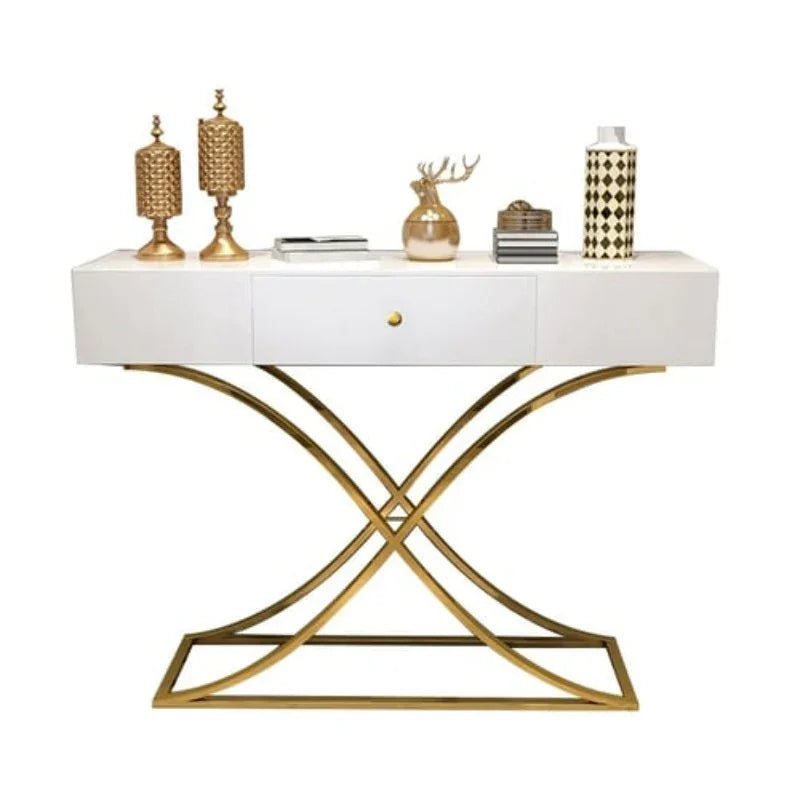 White Console Table with Drawer Entryway Table Contemporary for Hallway X Gold Base - myhomestore.com.pk