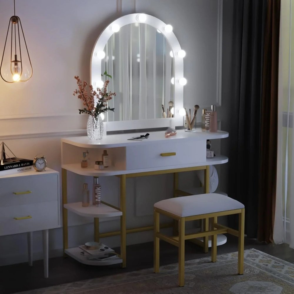 White Vanity Mirror with Lights and Table Set with Drawers, - myhomestore.com.pk
