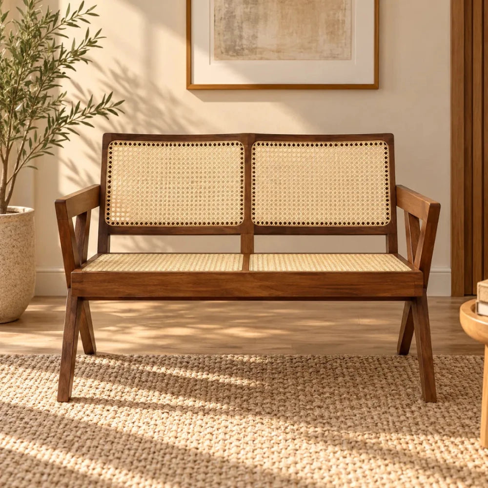 Wood Rattan Cane 2 Seater Sectional Sofa for Living Room - myhomestore.com.pk