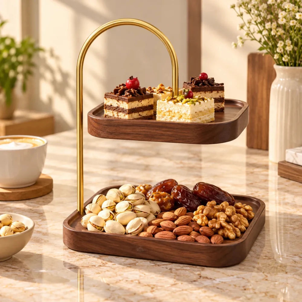Wooden Square Double Layer Tray for Dessert Display - myhomestore.com.pk