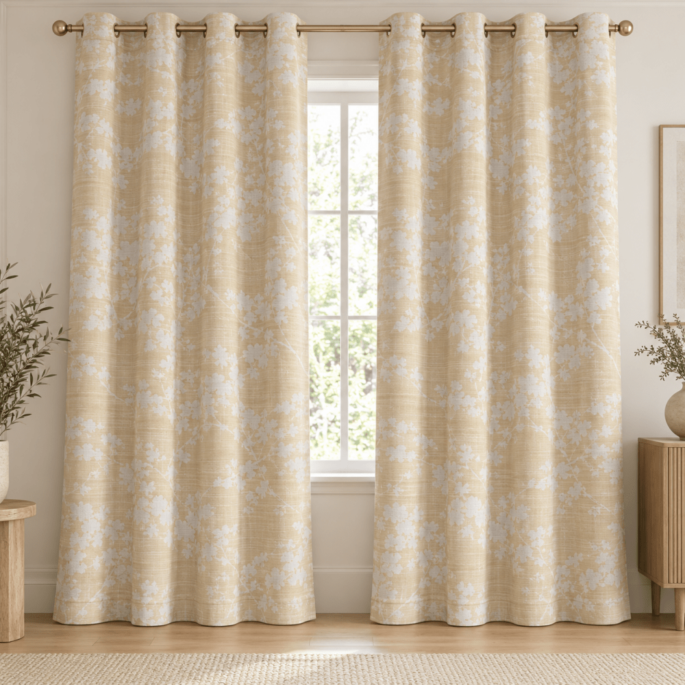 Yellow & White Botanical Duck Fabric Curtains – Pack of 2 - myhomestore.com.pk