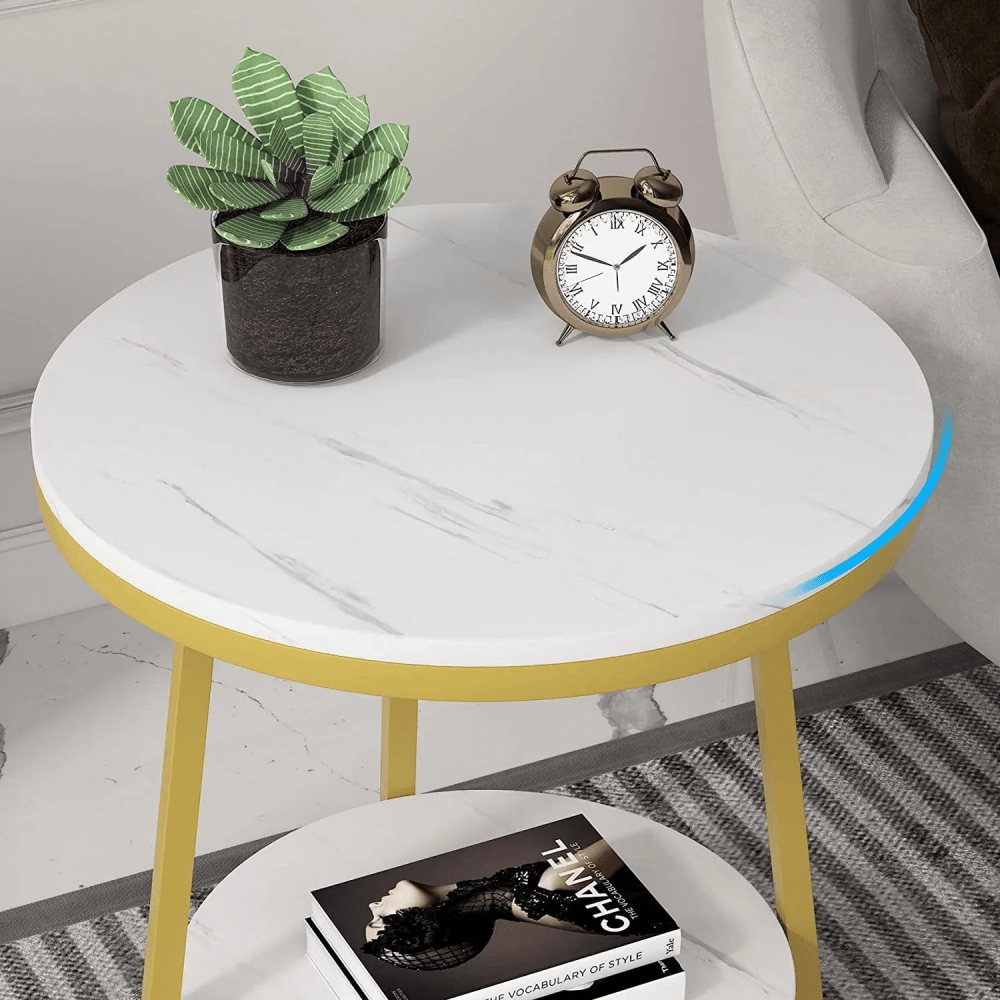 2 Tier Marble MDF Side Table with Storage Shelf - myhomestore.com.pk