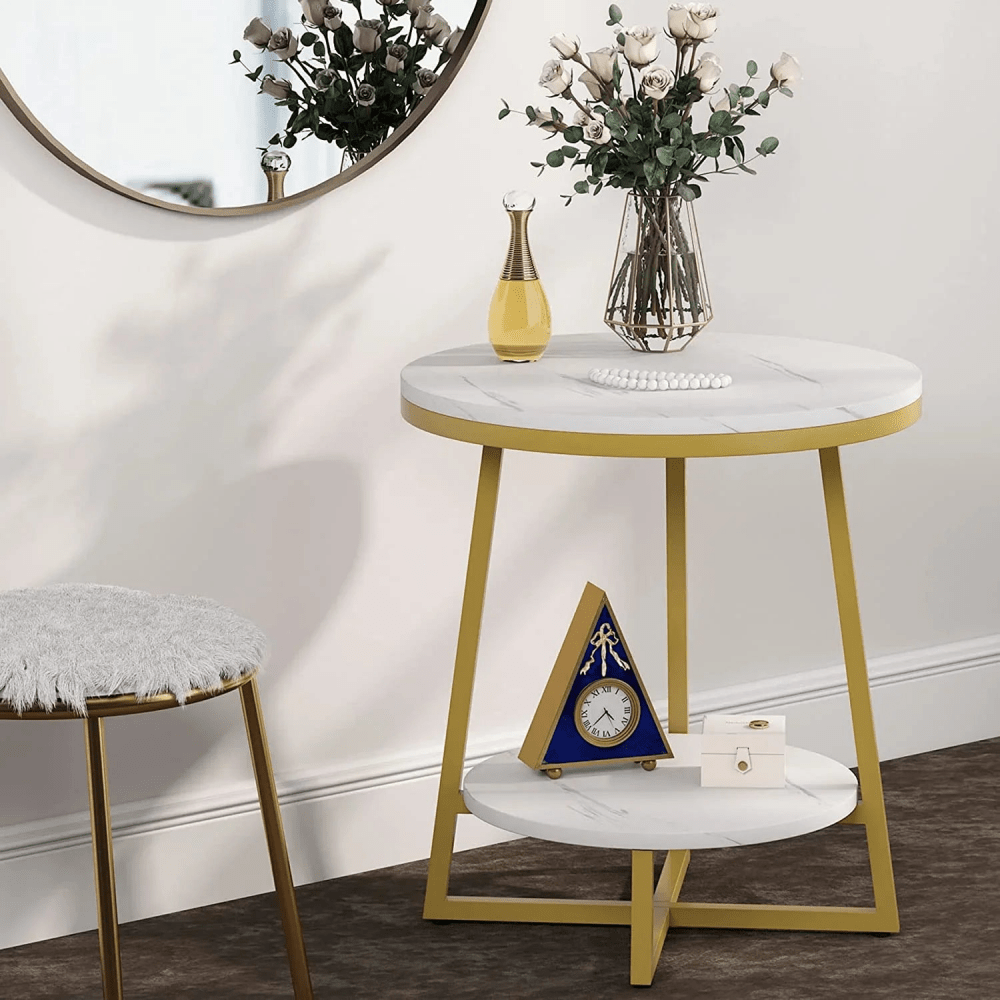 2 Tier Marble MDF Side Table with Storage Shelf - myhomestore.com.pk