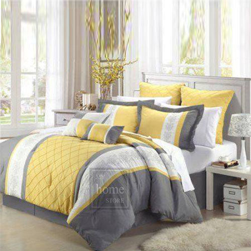 Yellow and Grey Luxury Pleated Duvet Set