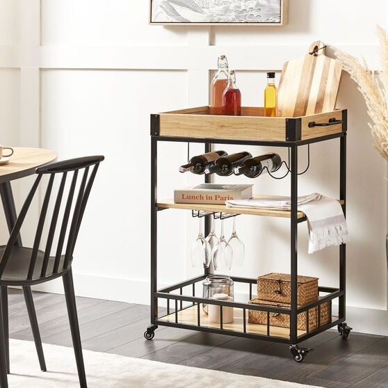 3 Tier Kitchen Trolley Light Wood with Black HULLET
