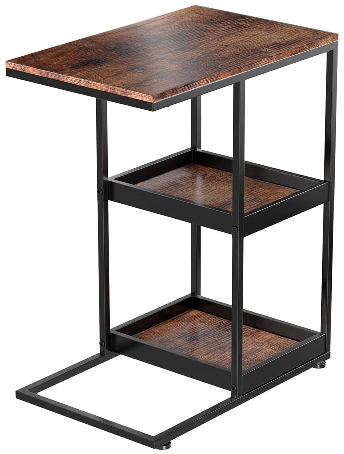 Industrial C Shaped Side Table With Storage Shelves