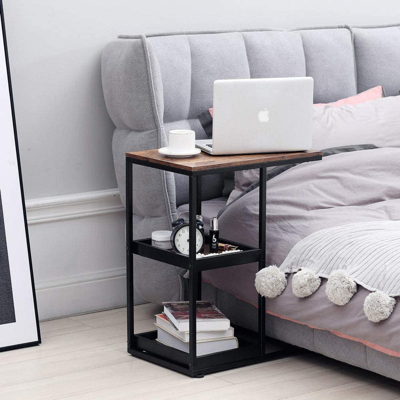 Industrial C Shaped Side Table With Storage Shelves