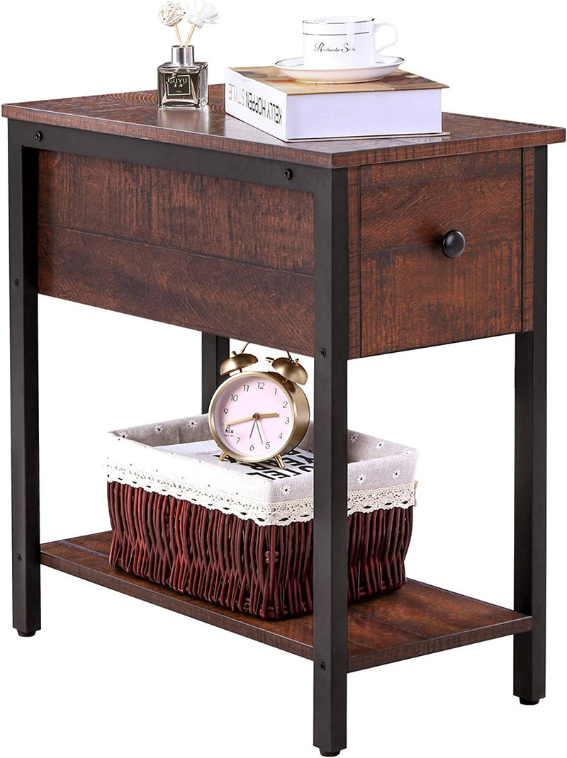 Side Table, 2-Tier Nightstand with Drawer, Narrow End Table for Small Spaces