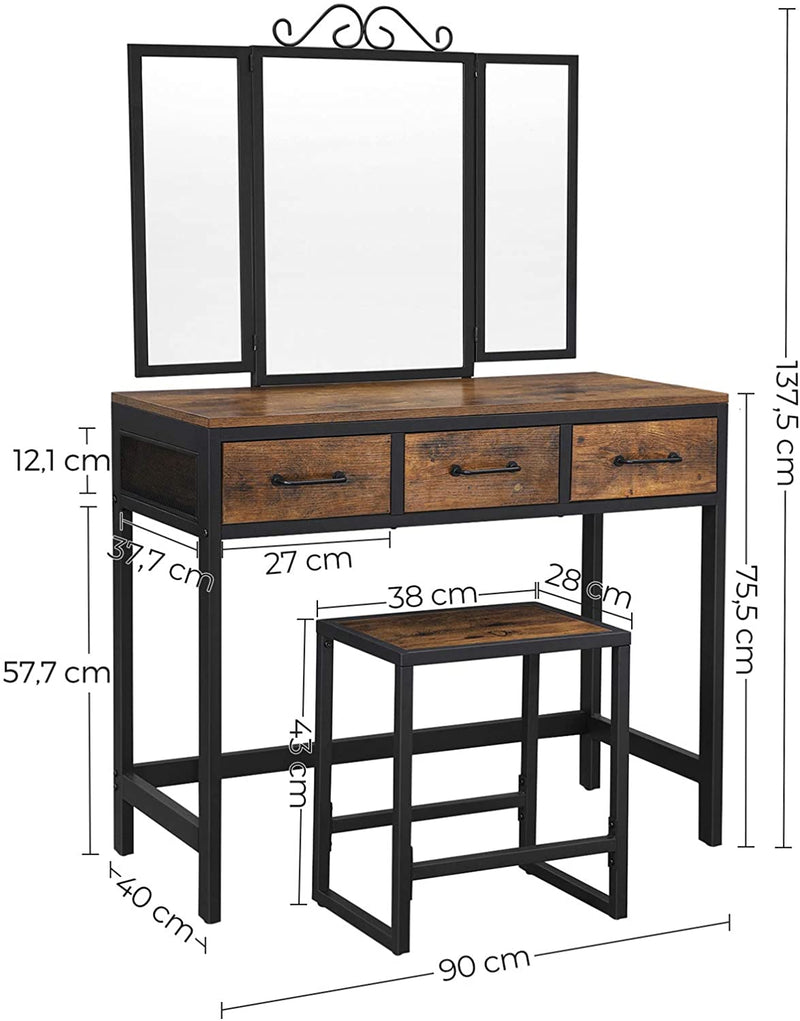 Dressing Table, Makeup Desk with 1 Stool, Tri-Fold Mirror and 3 Drawers, Steel Frame