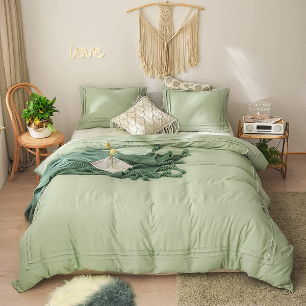 Ruched Lace Duvet Cover Set (Light Green)