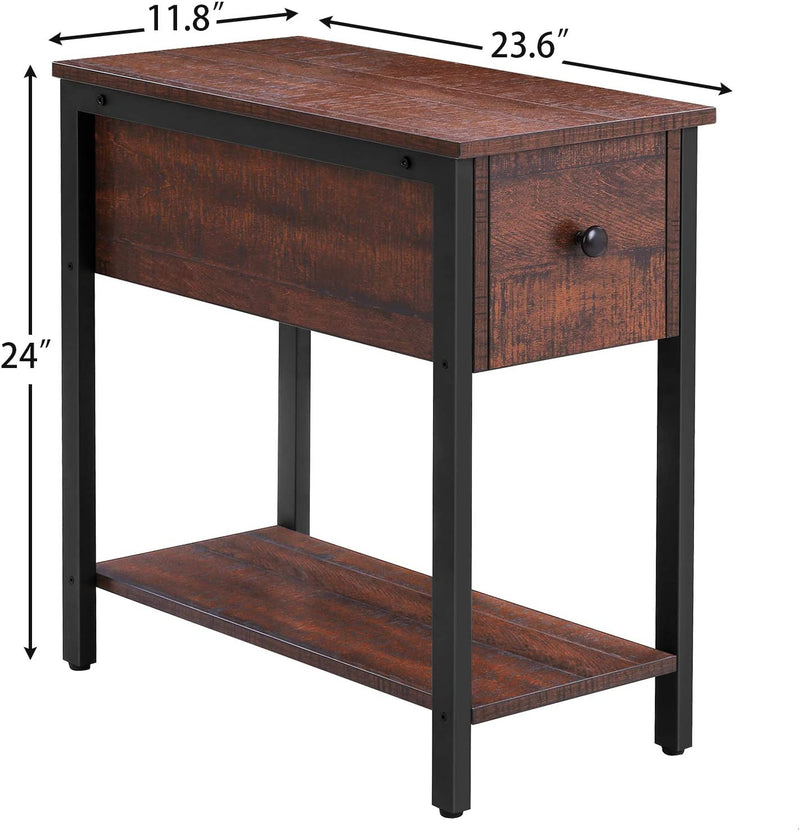 Side Table, 2-Tier Nightstand with Drawer, Narrow End Table for Small Spaces
