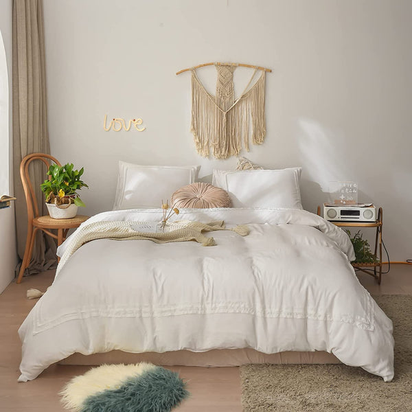 Ruched Lace Duvet Cover Set (White)