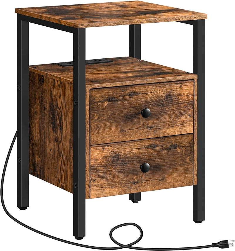 End Table with Charging Station, Side Table with 2 Drawer