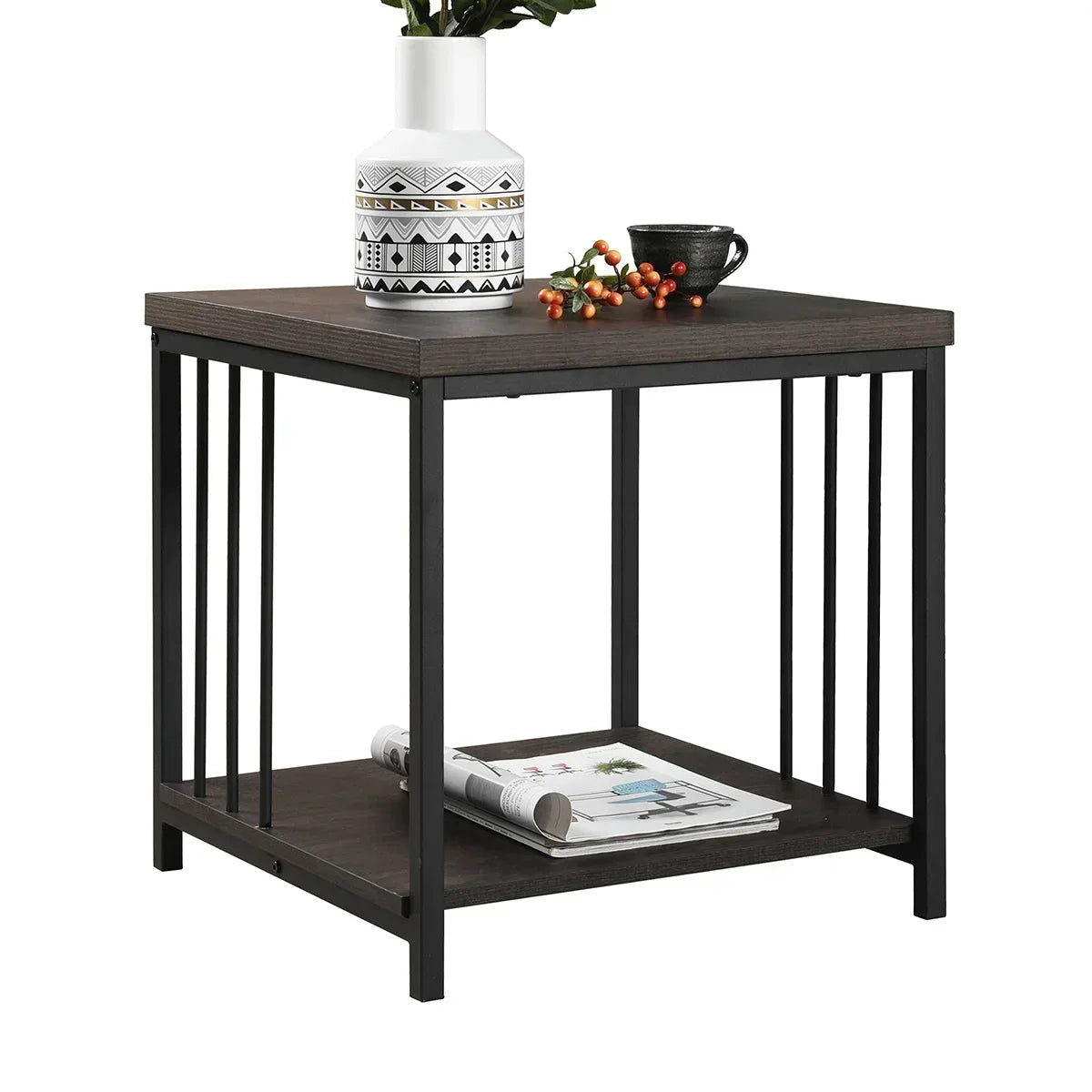 Furniture R Brown Metal Wood End Table - myhomestore.com.pk