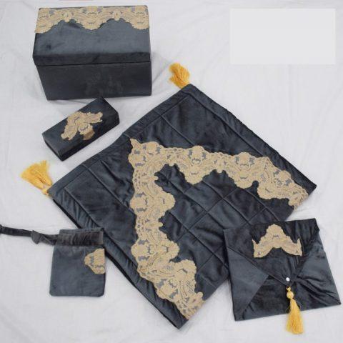 Grey Prayer Mat Set (Embroidered Lace )