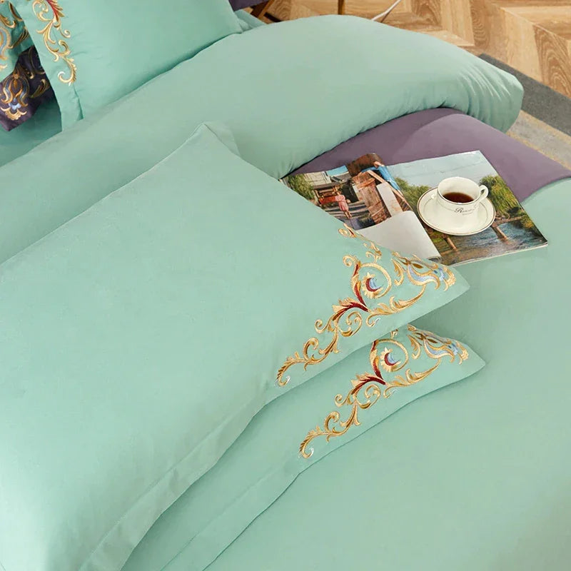 Light Mint Green Elegant Embroidered Cotton European Style Duvet Set - myhomestore.com.pk