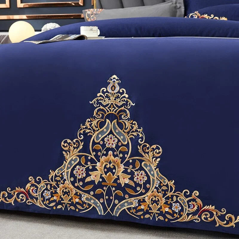 Navy Elegant Embroidered Cotton European Style Duvet Set - myhomestore.com.pk