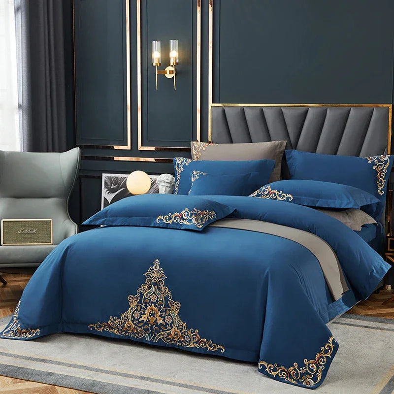 Blue Elegant Embroidered Cotton European Style Duvet Set - myhomestore.com.pk
