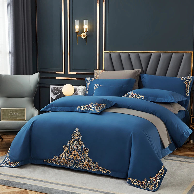 Blue Elegant Embroidered Cotton European Style Duvet Set