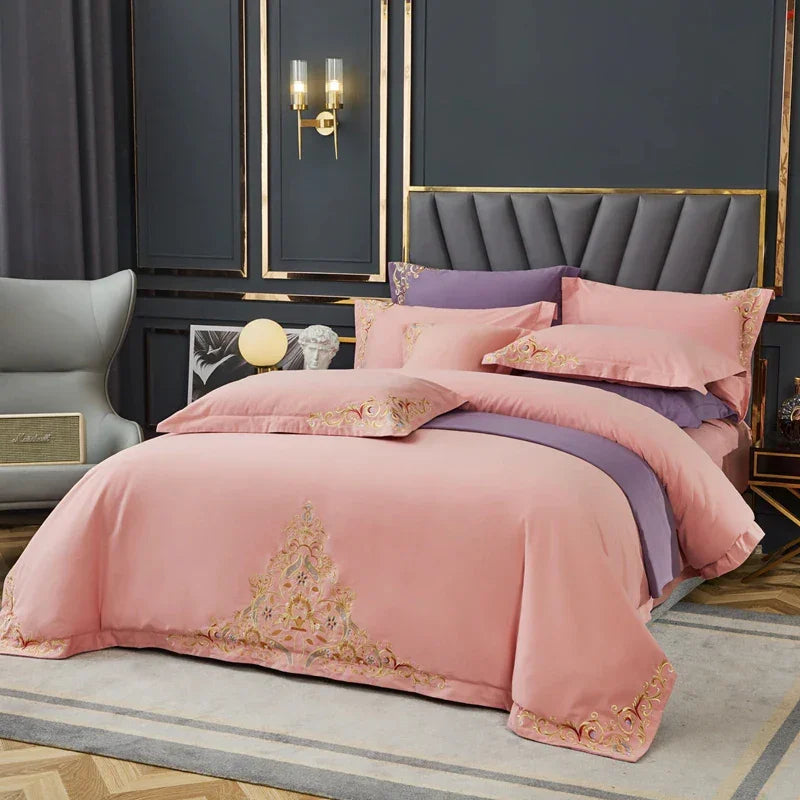 Pink Elegant Embroidered Cotton European Style Duvet Set - myhomestore.com.pk