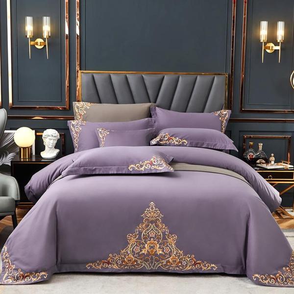 Purple Elegant Embroidered Cotton European Style Duvet Set - myhomestore.com.pk