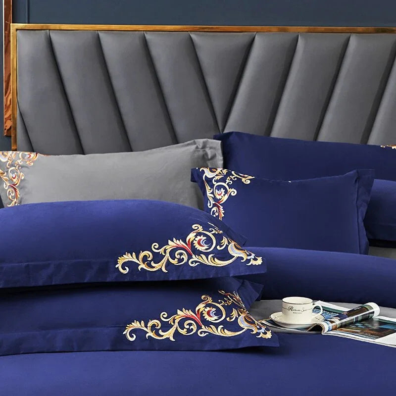 Navy Elegant Embroidered Cotton European Style Duvet Set - myhomestore.com.pk