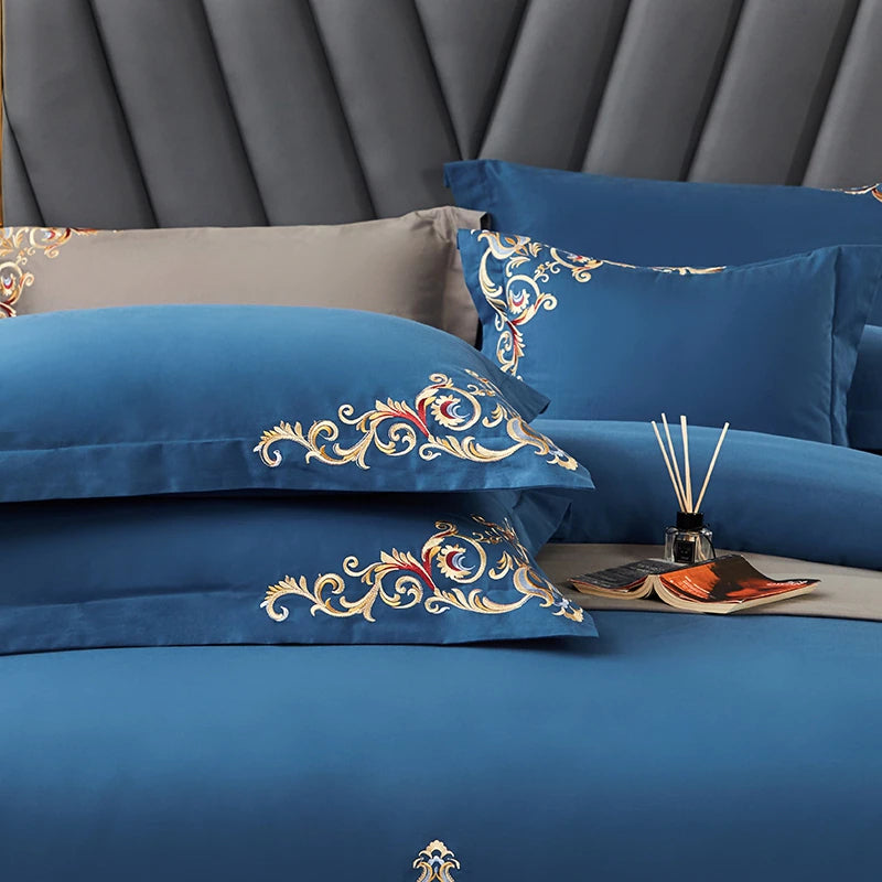 Blue Elegant Embroidered Cotton European Style Duvet Set