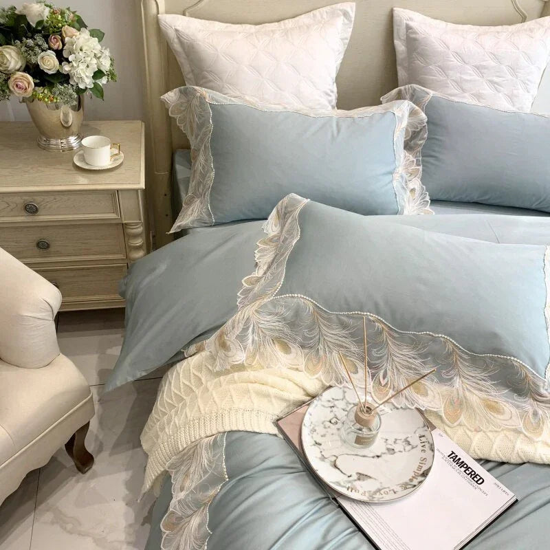 Luxury New Feather Lace Embroidery Duvet Set - myhomestore.com.pk