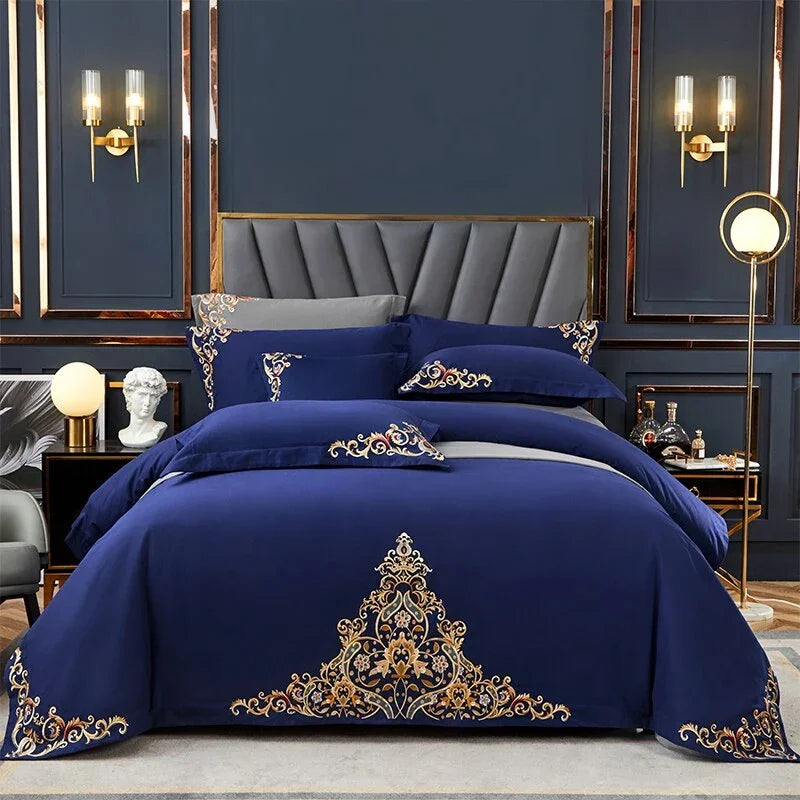 Navy Elegant Embroidered Cotton European Style Duvet Set - myhomestore.com.pk