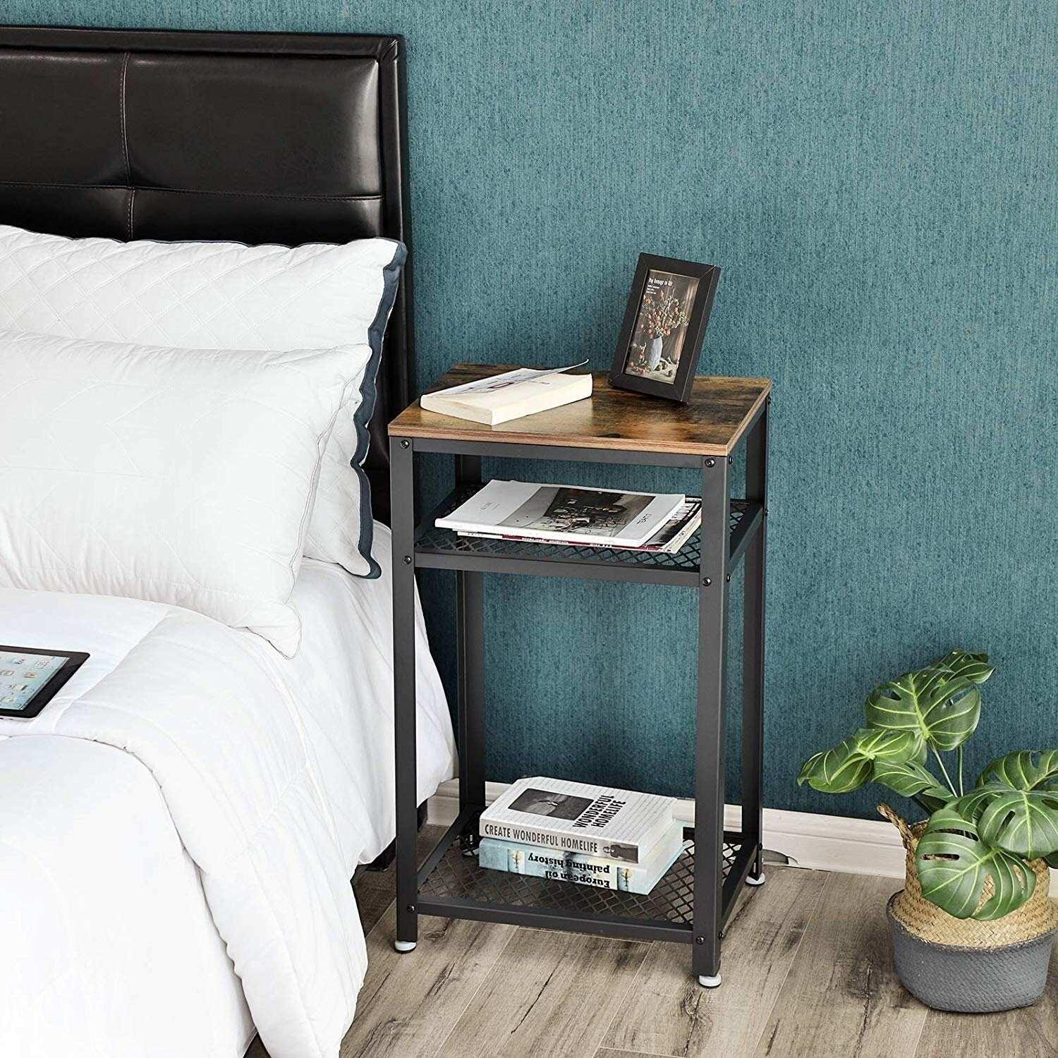 Industrial Style Iron and Wood Side Table with Two Tier Mesh Shelves - myhomestore.com.pk