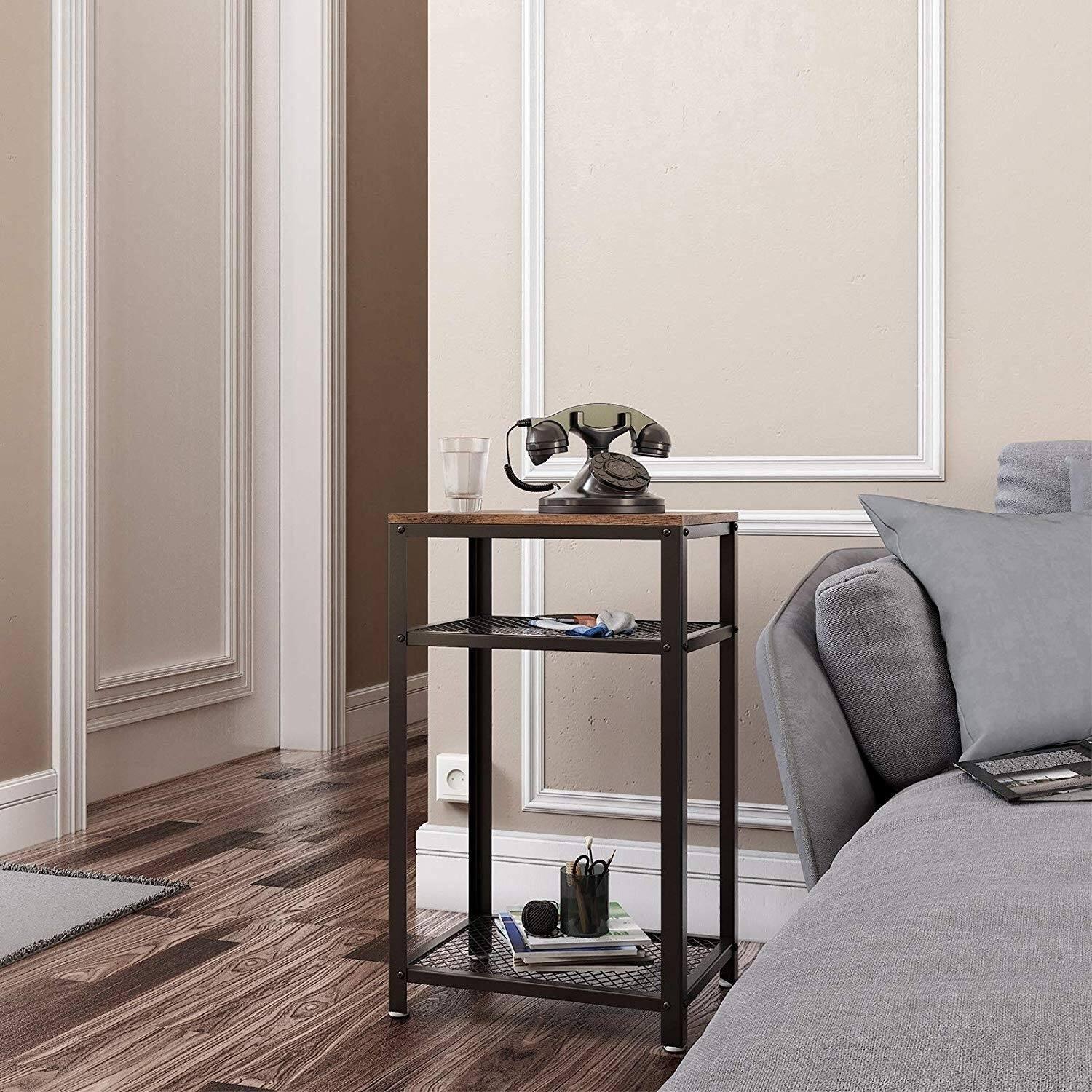 Industrial Style Iron and Wood Side Table with Two Tier Mesh Shelves - myhomestore.com.pk