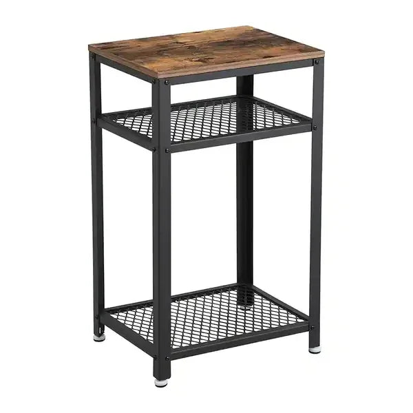 Industrial Style Iron and Wood Side Table with Two Tier Mesh Shelves - myhomestore.com.pk