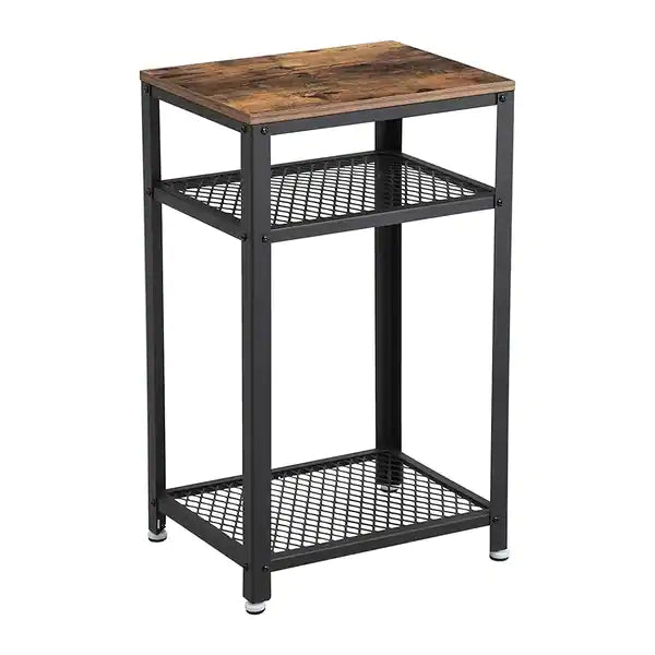 Industrial Style Iron and Wood Side Table with Two Tier Mesh Shelves
