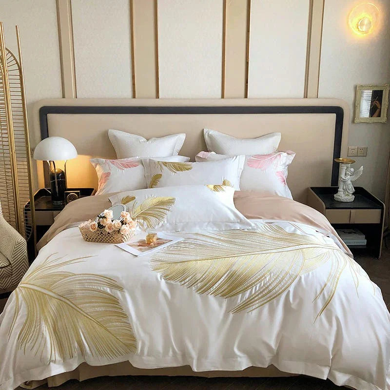 Luxury New Leaf Embroidery Duvet Set Pink and Golden - myhomestore.com.pk