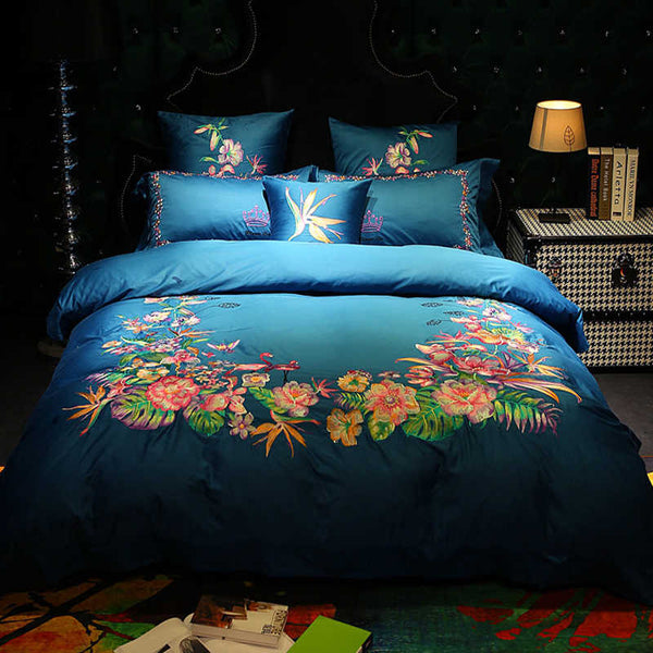 Mix Floral New Luxury Deep Blue Embroidery Duvet Set