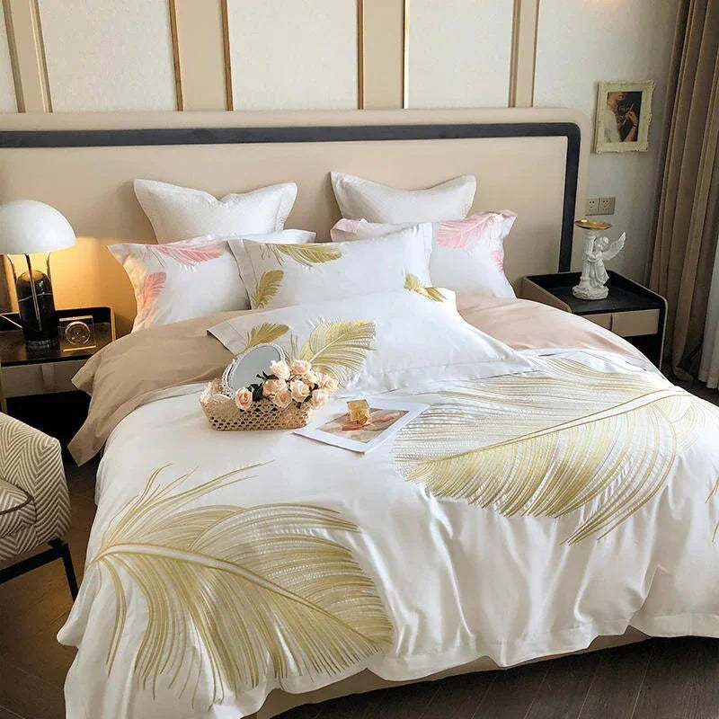 Luxury New Leaf Embroidery Duvet Set Pink and Golden - myhomestore.com.pk