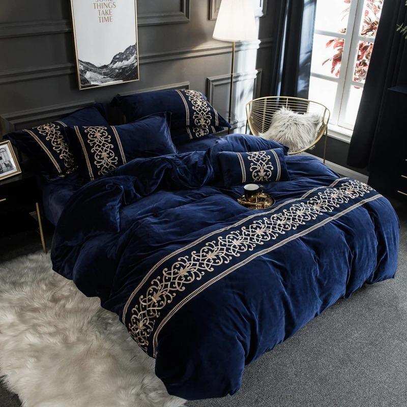 Blue Luxury Embroidered Turkish Velvet Duvet - Main Image