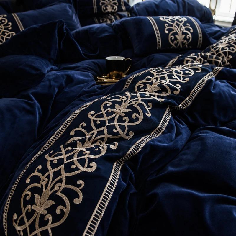Blue Luxury Embroidered Turkish Velvet Duvet