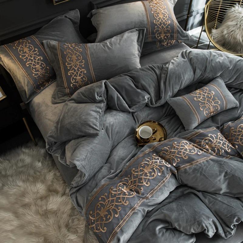 Luxury Silvery Grey with Skin Embroidered Turkish Velvet Duvet - myhomestore.com.pk