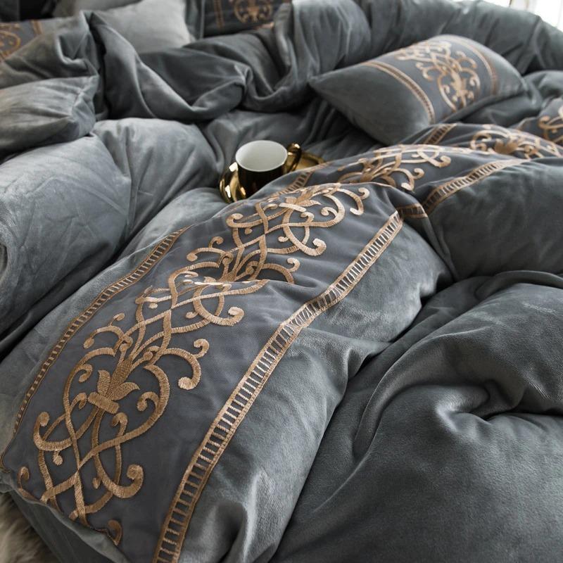 Luxury Silvery Grey with Skin Embroidered Turkish Velvet Duvet - myhomestore.com.pk