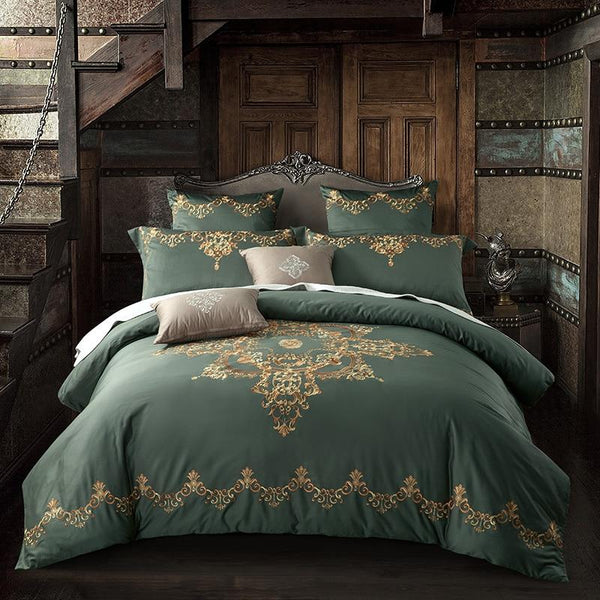 New Olive Green Luxury Embroidery Duvet Set