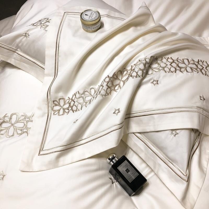 Luxury New White Cotton Satin Embroidery Duvet Set