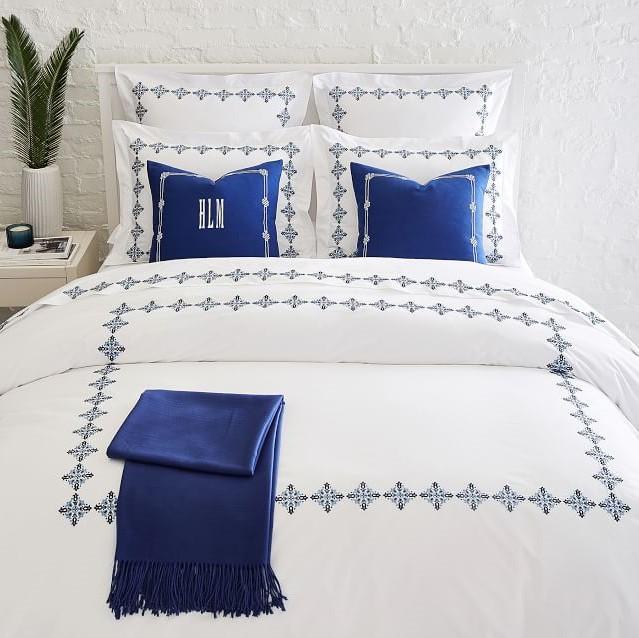 Luxury New White Cotton Satin With Blue Flowered Embroidery Duvet Set - myhomestore.com.pk