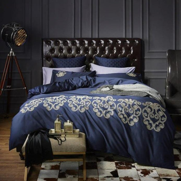 Luxury New Navy Blue with Tan Embroidery Duvet Set