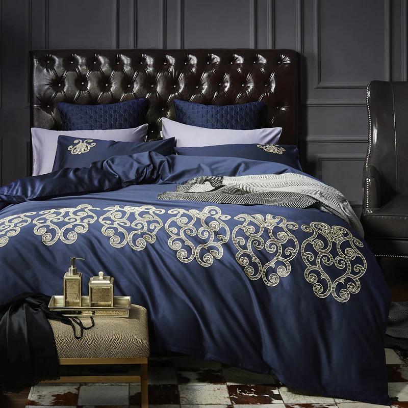 Luxury New Navy Blue with Tan Embroidery Duvet Set