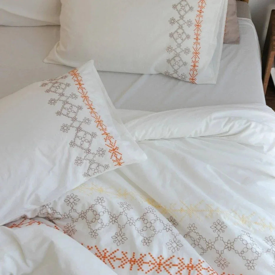 Orange Geometric Embroidered Duvet Set - myhomestore.com.pk