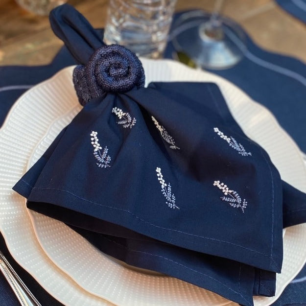 Navy Napkins with Off White and Blue Atena Small Flowers embroidered
