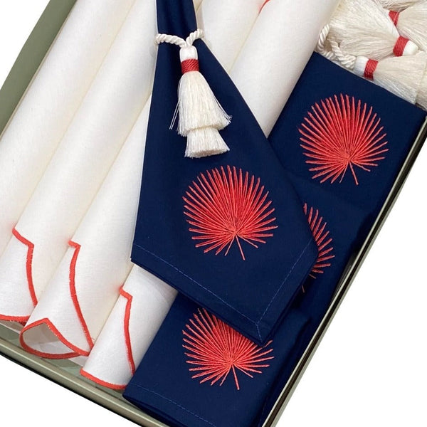 Navy Napkins With Coral Fan Leaf Embroidered