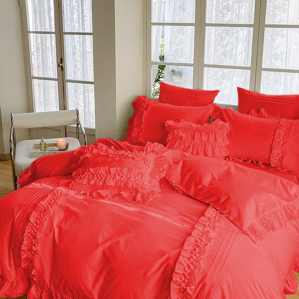 Luxury Cotton Lace Duvet Set Red
